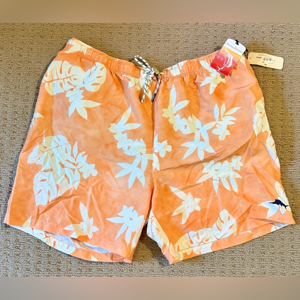 NWT Tommy Bahama Coral Orange & White Tropical Swim Shorts, Sz XL